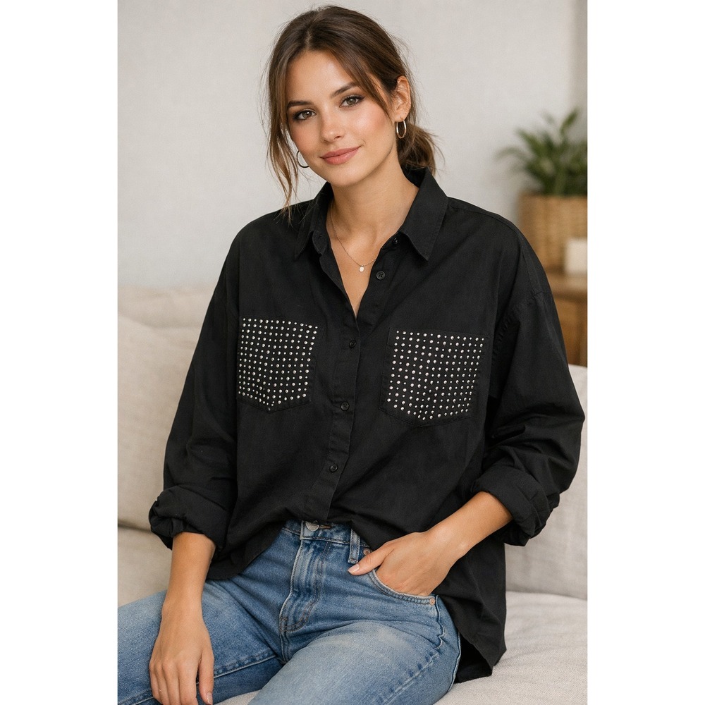 Zara Woman Black Oversized Button Up Shirt Silver Studded Pockets Size Medium